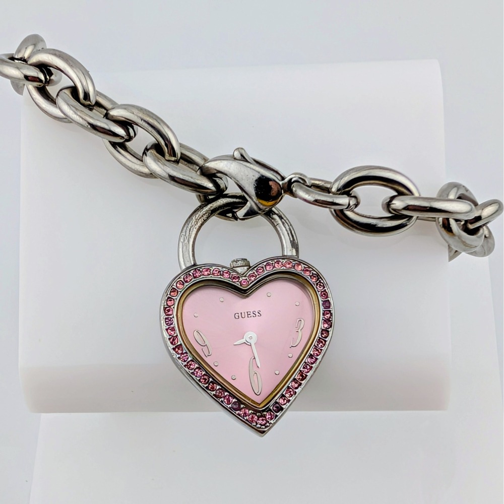 Guess Pink Heart Crystal Charm Watch Silver Tone Chain Bracelet Y2K 25mm 7"